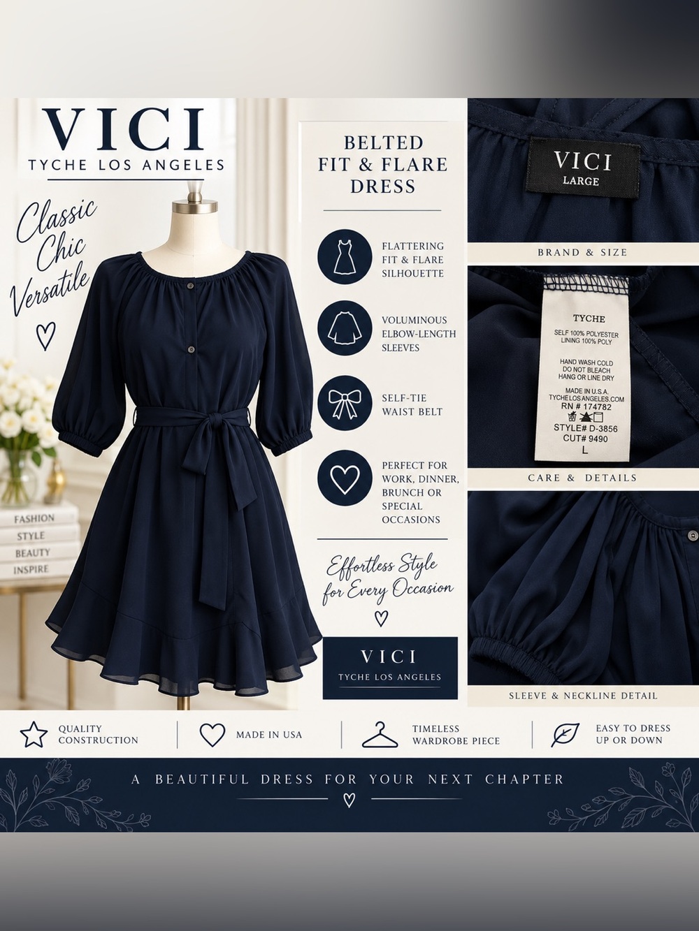 #0382 VICI Tyche Navy Belted Puff Sleeve Fit & Flare Dress Large Made in USA